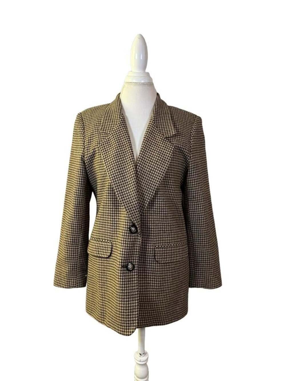 Vintage Brown and Black Houndstooth Wool Blend Blazer with Ornate Metal Buttons